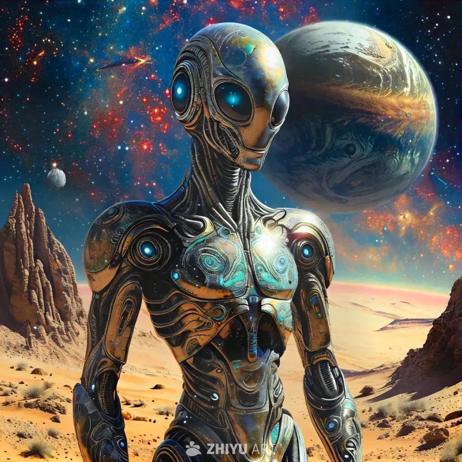 一个光滑的金属外星机器人在沙漠景观中自信地站立着，