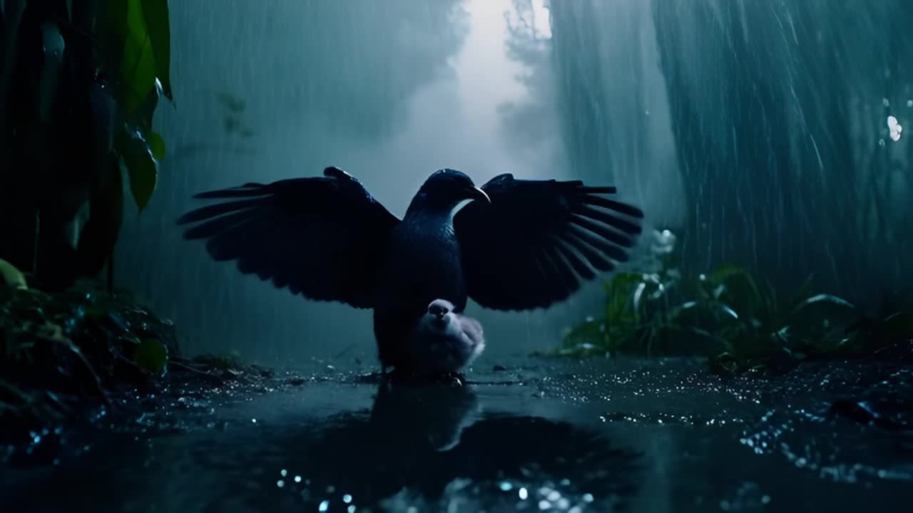 一只母鸟在下雨的森林中张开翅膀，覆盖着它的小鸟。雨