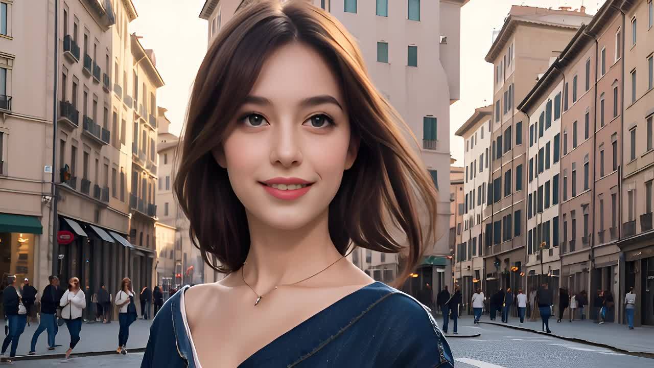 一个年轻女子直视镜头，面带微笑。她穿着蓝色牛仔夹克