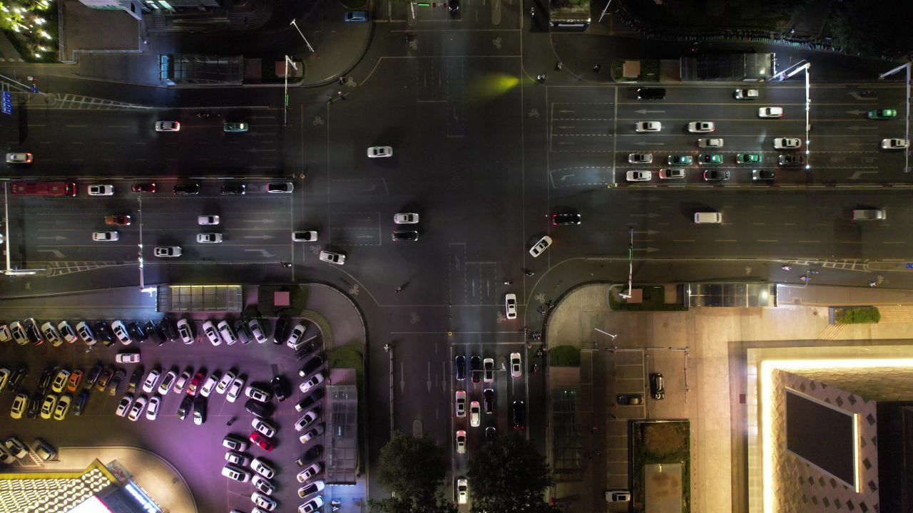 山东淄博城市夜景灯光交通航拍