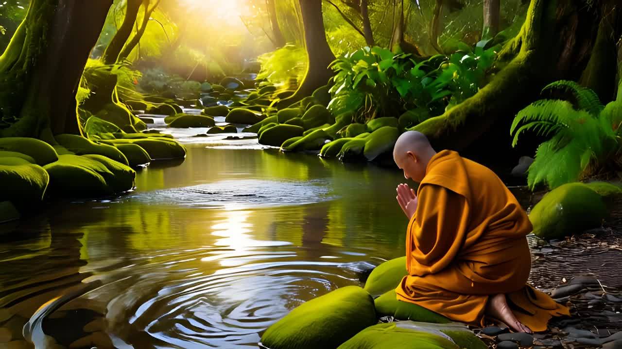 森林里有一条宁静的小溪。阳光透过树叶照射下来，形成