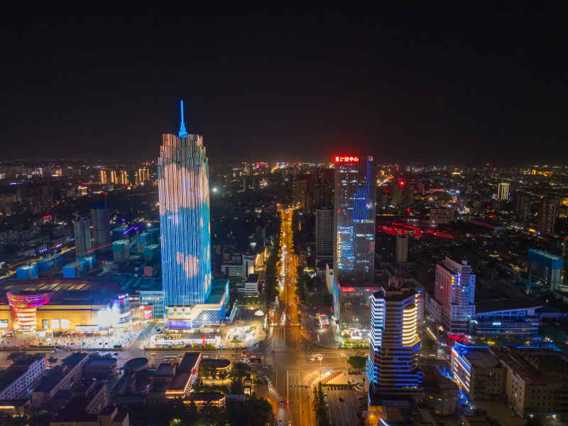航拍保定万博广场东风中路夜景