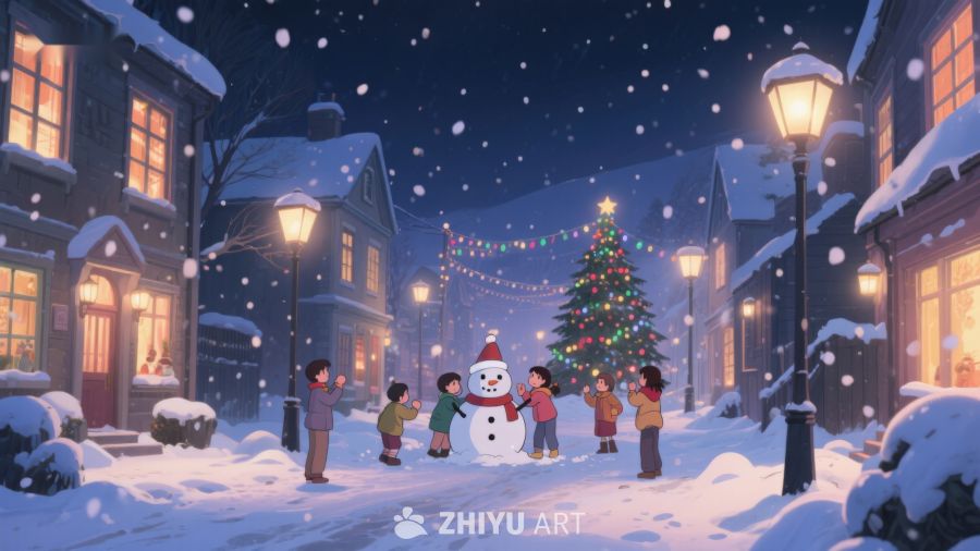 冬夜雪景中的圣诞树与雪人 116