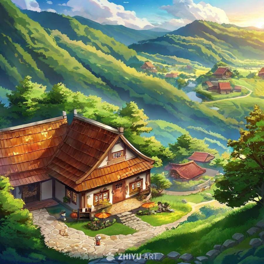 画面中，绿色的山脉环绕着一个古朴的村庄。村庄里有茅