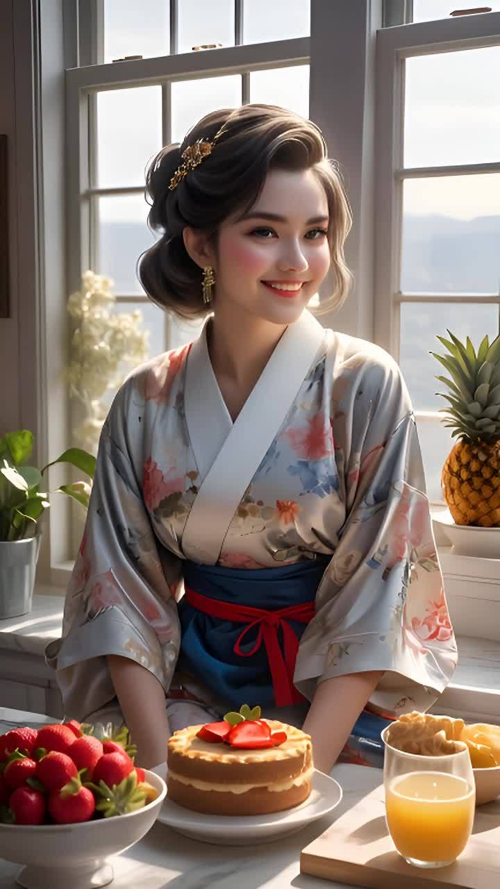 一名女性坐在窗边，她穿着带有花纹的浅色和服，系着蓝