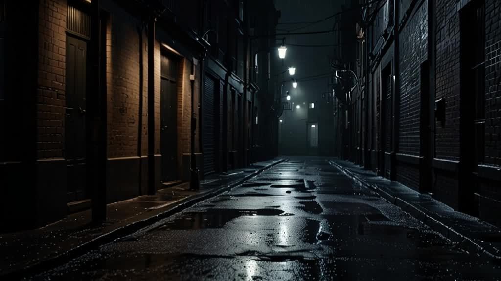 一条潮湿的街道，两侧是深色的砖墙建筑，建筑物上有多