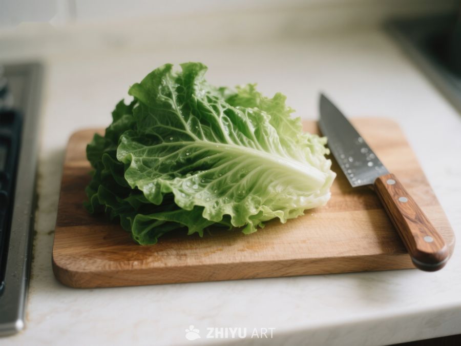 生菜置于砧板上，旁边放有刀具 326