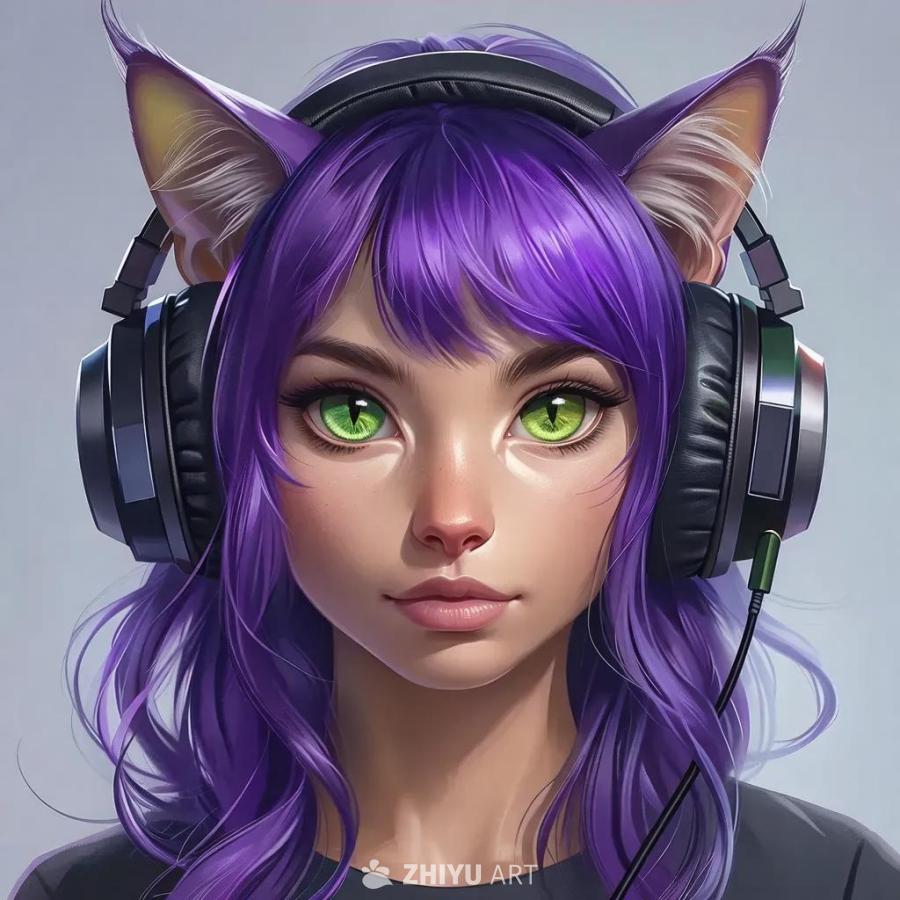 一只猫戴着耳机，有两根尾巴和紫色的头发。猫的眼睛是