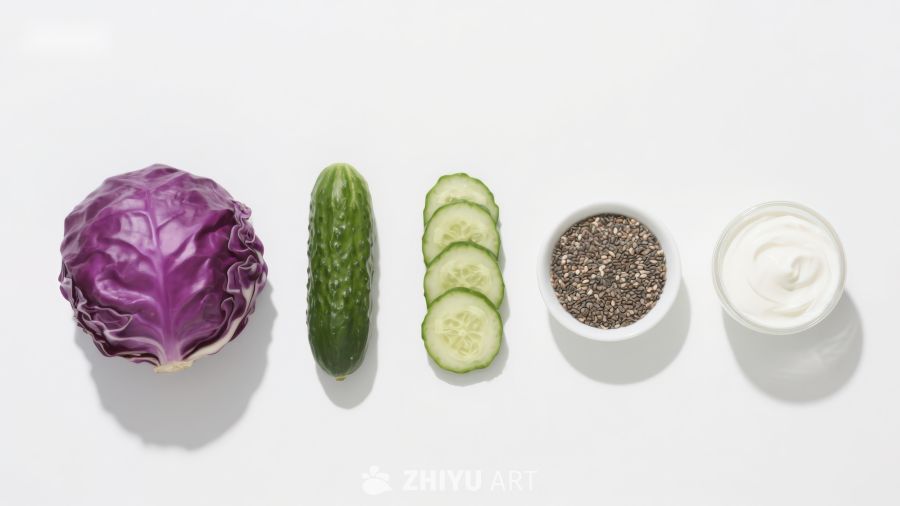 紫甘蓝黄瓜奇亚籽酸奶食材排列