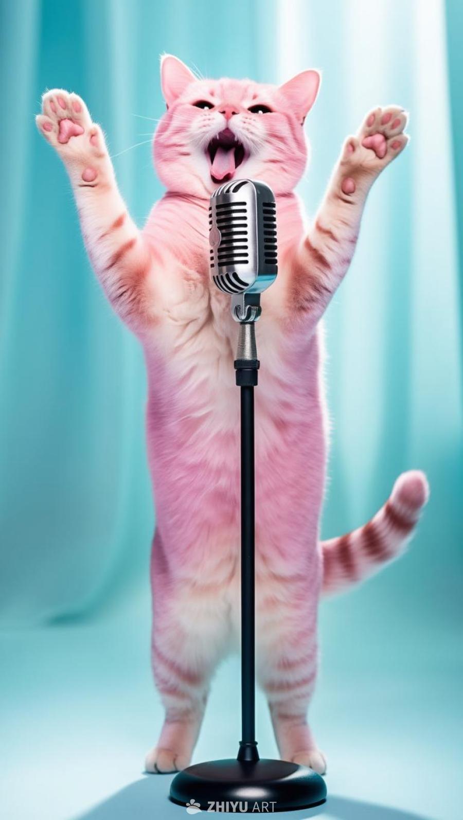 一只粉色的猫站立，举起前爪，张开嘴，似乎在舞台上表