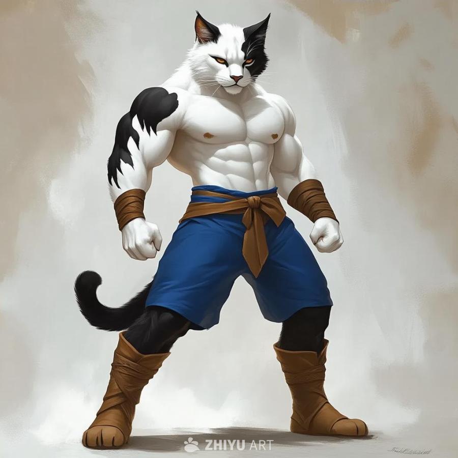 一个肌肉发达的猫形角色，身体是白色的，左腿和耳朵是
