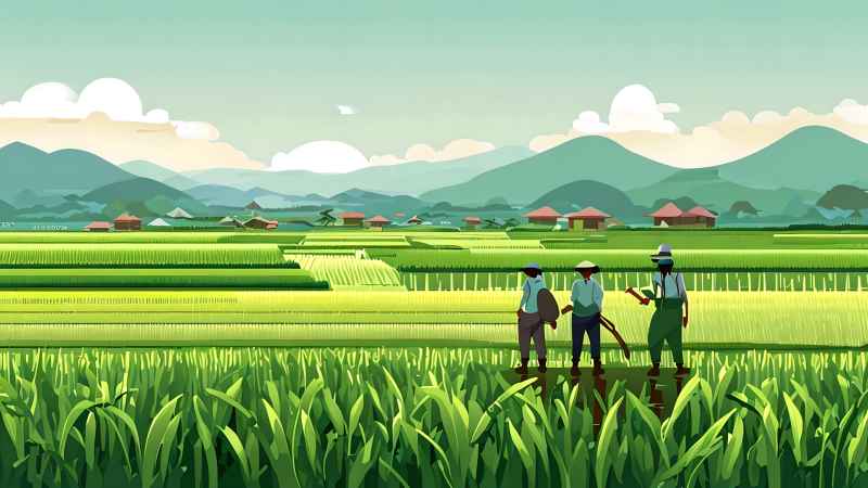 稻田和农作物中的农民绿色范例风格插画 4