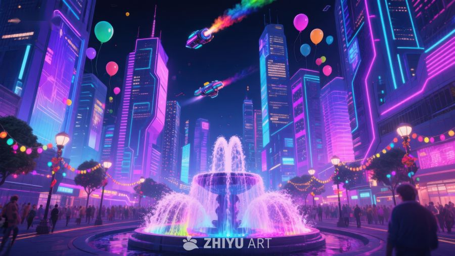 霓虹都市夜景与喷泉 339