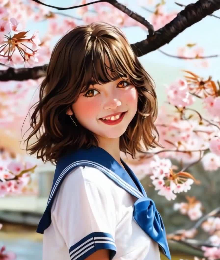 一位留着棕色波波头的年轻女性站在樱花树下。她穿着带