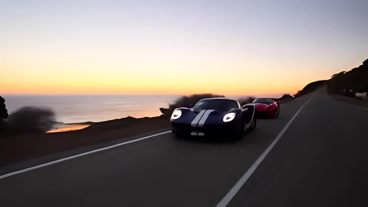 一辆带有白色条纹的深蓝色福特GT40正在超越一辆红