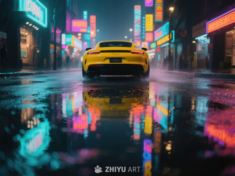 雨夜霓虹街上的黄色跑车 547