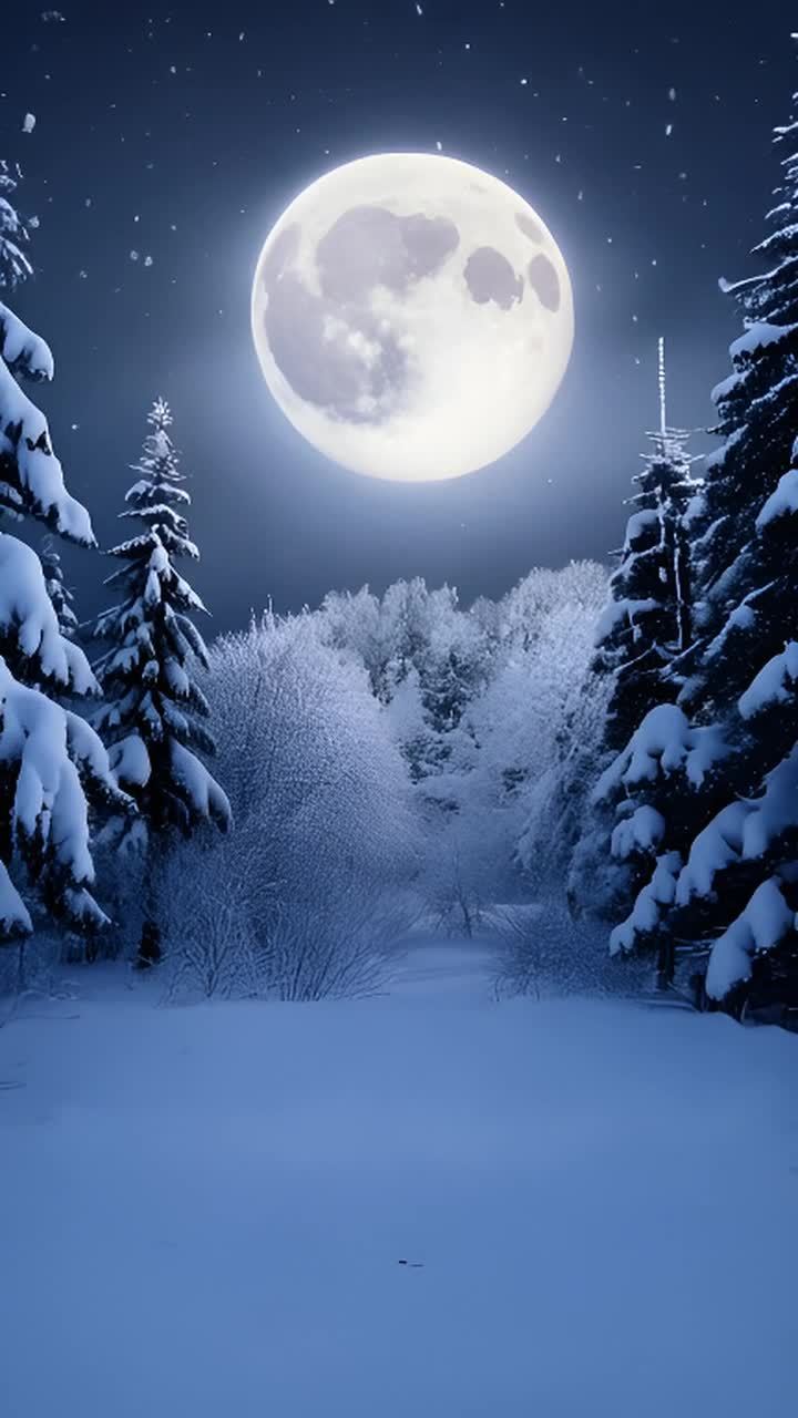 雪覆盖的森林在满月的照耀下，雪花飘落，冰冷的树枝闪