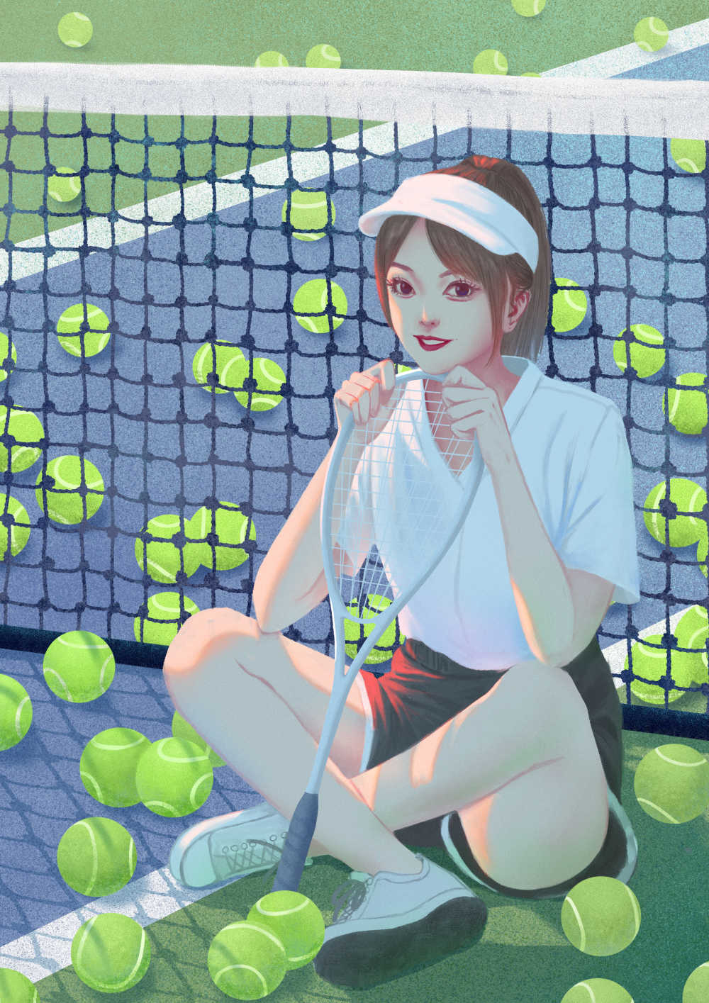 坐在网球场上拿网球球拍运动少女