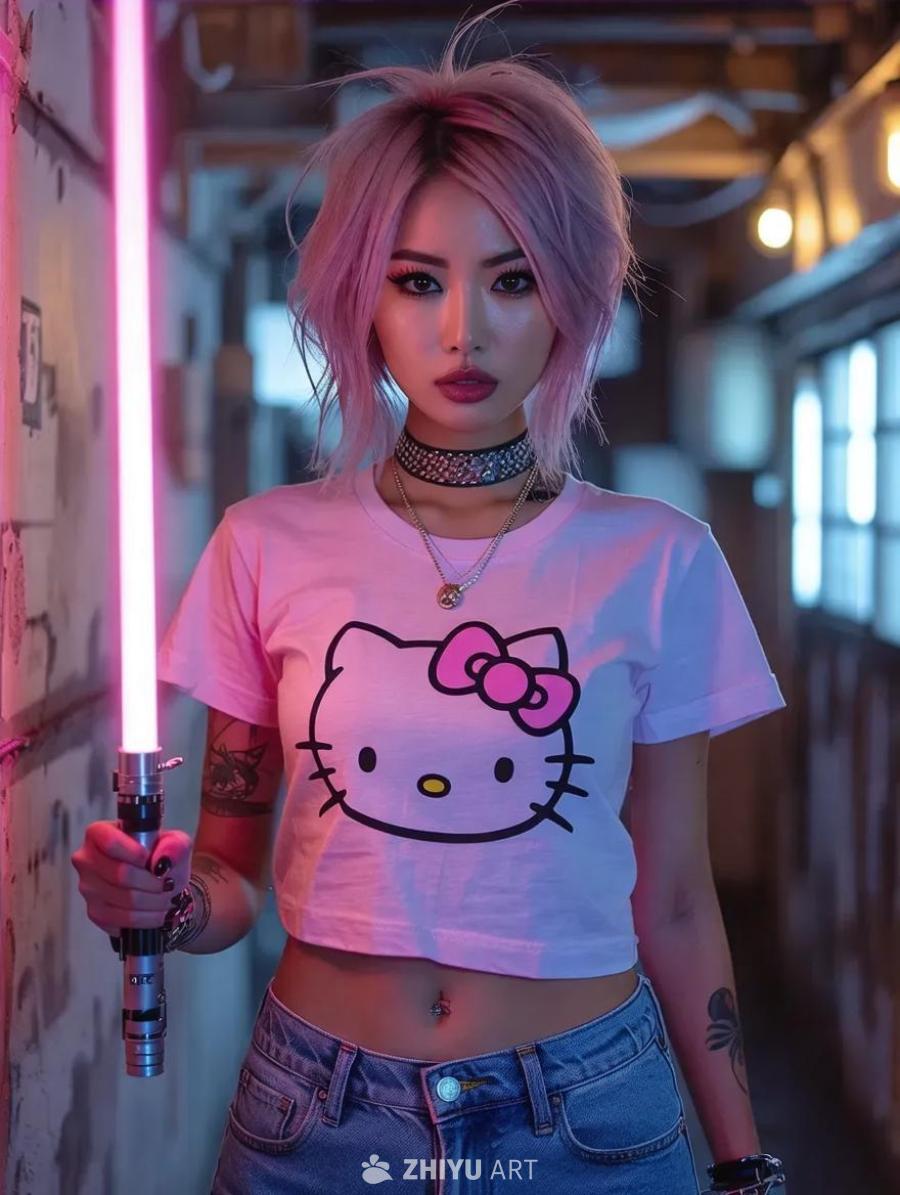 一个体格健壮的日本女子，身穿Hello Kitty
