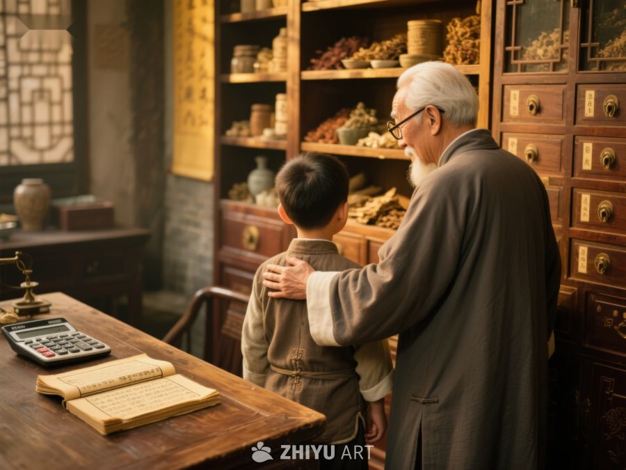老者与孩童在中药铺 242