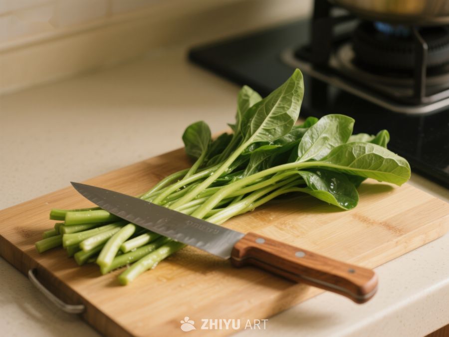 新鲜菠菜与刀具置于砧板上 386