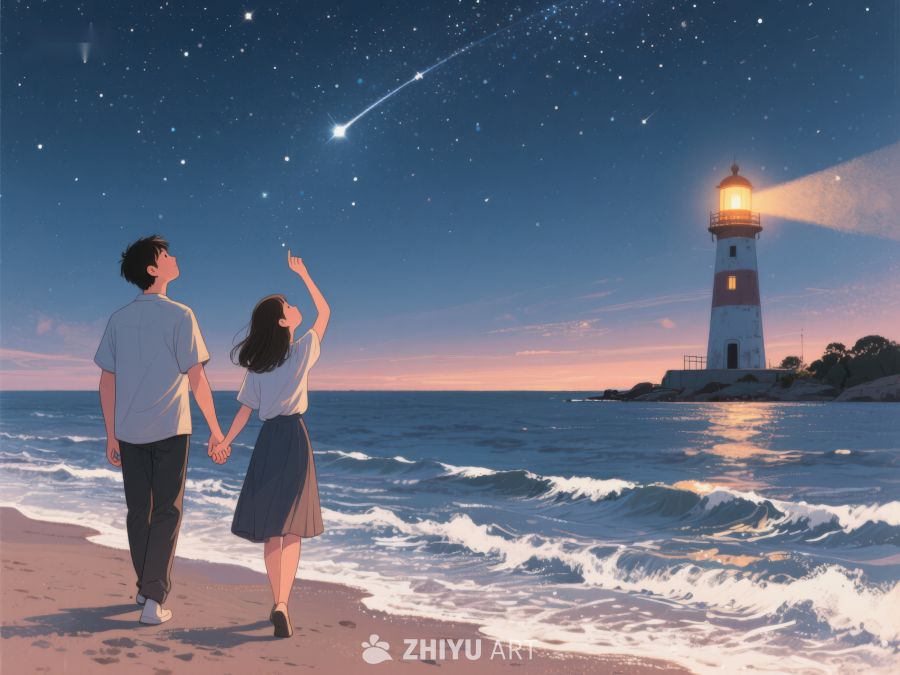 海边夜景，情侣共赏流星 274