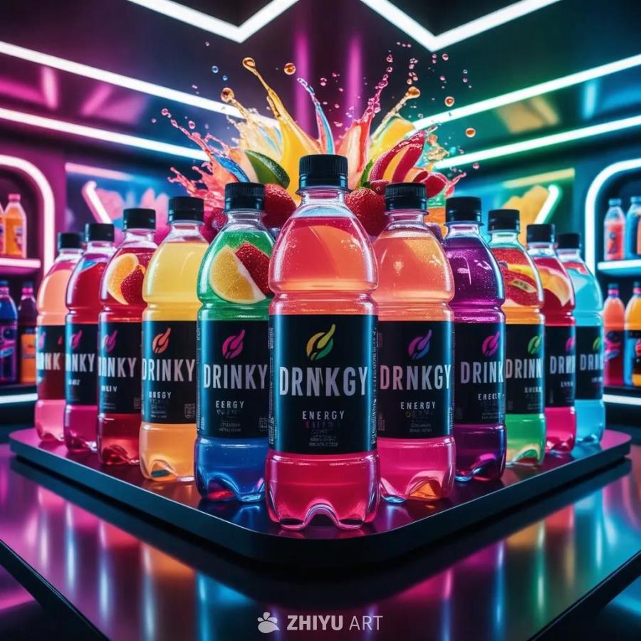 一排塑料瓶装的名为“Drinkgy”的能量饮料，有