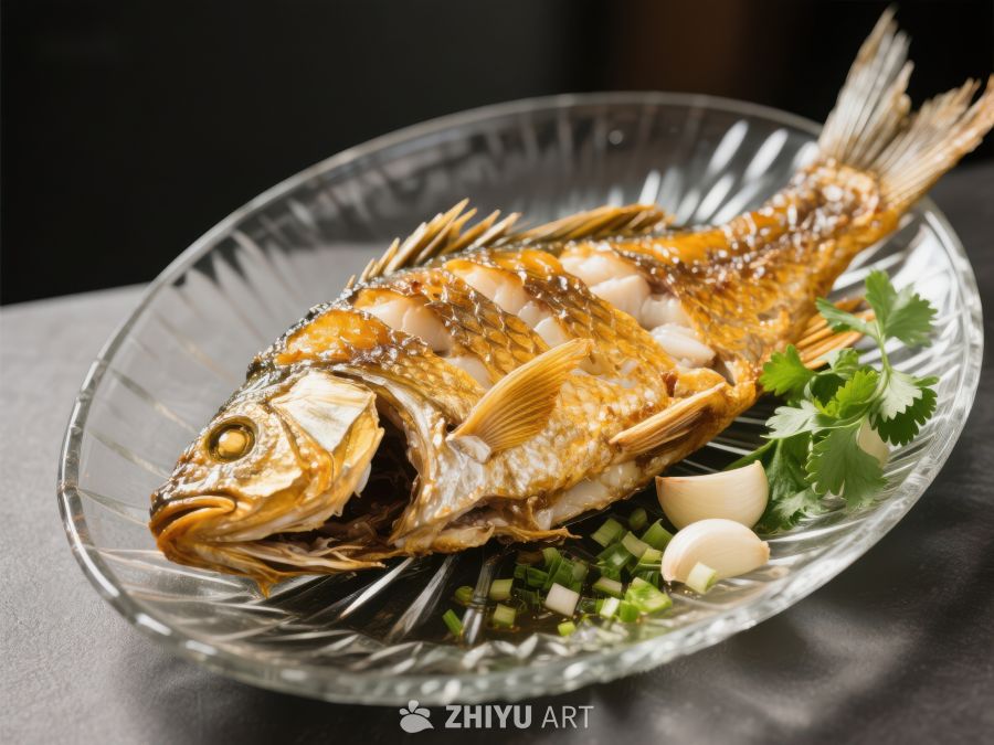 金黄酥脆的烤鱼配以香菜和蒜瓣 364