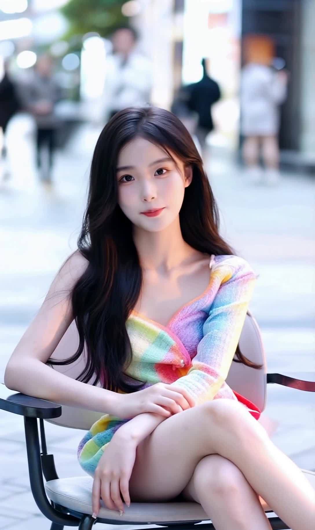 彩虹衫微笑女孩街头休闲坐姿长发披肩背景人流模糊