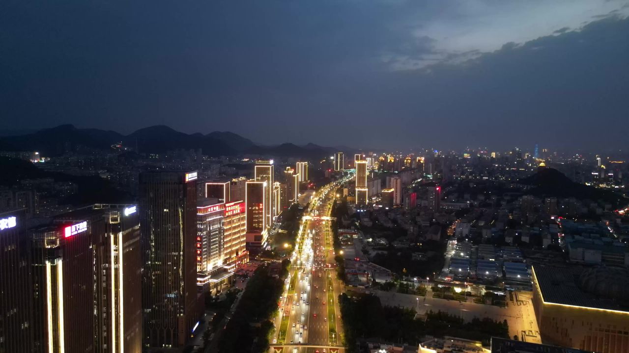  航拍山东济南奥体中心经十路夜景