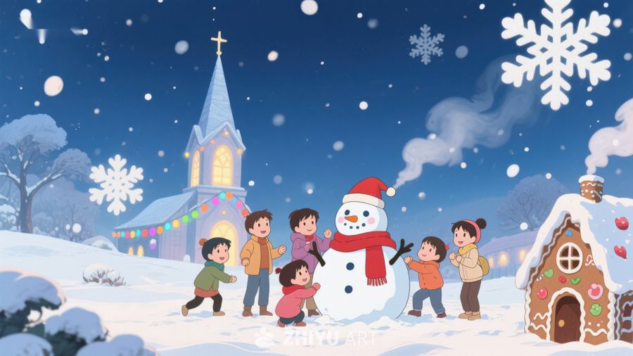 冬夜雪景中孩子们与雪人欢聚 121