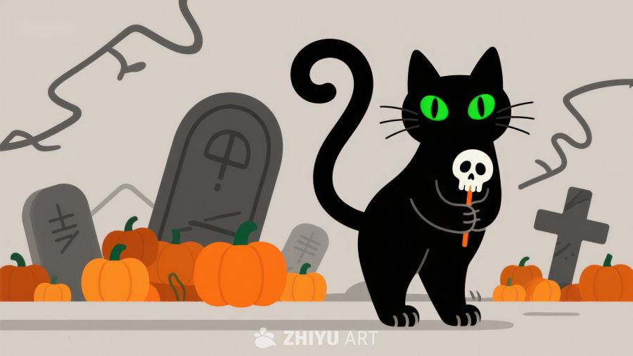 万圣节黑猫手持骷髅头