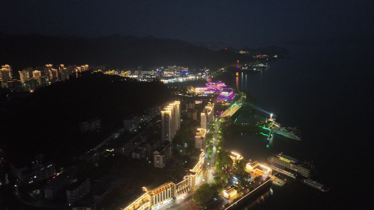 4K航拍浙江杭州淳安县千岛湖夜景风光 3