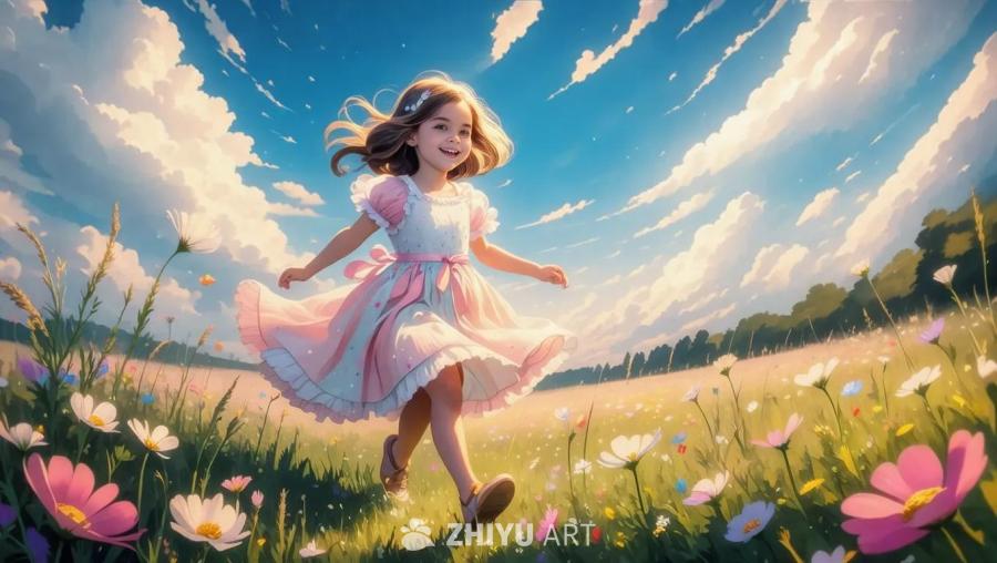一个穿着粉色连衣裙的小女孩在阳光斑驳的草地上轻快地