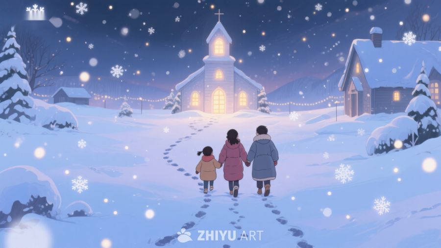 冬夜雪景中一家三口走向教堂 121