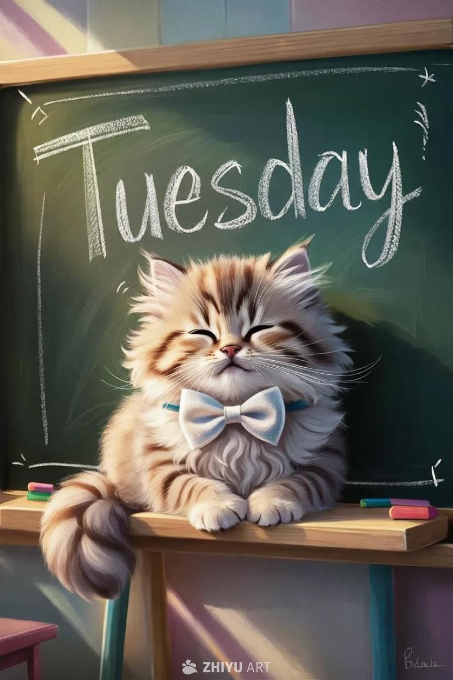 黑板上用可爱的字体写着“Tuesday”，一只可爱