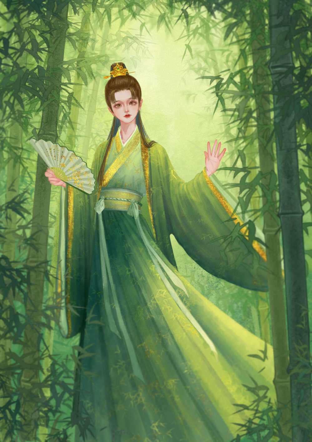 户外古风汉服少女站在绿色的竹林插画