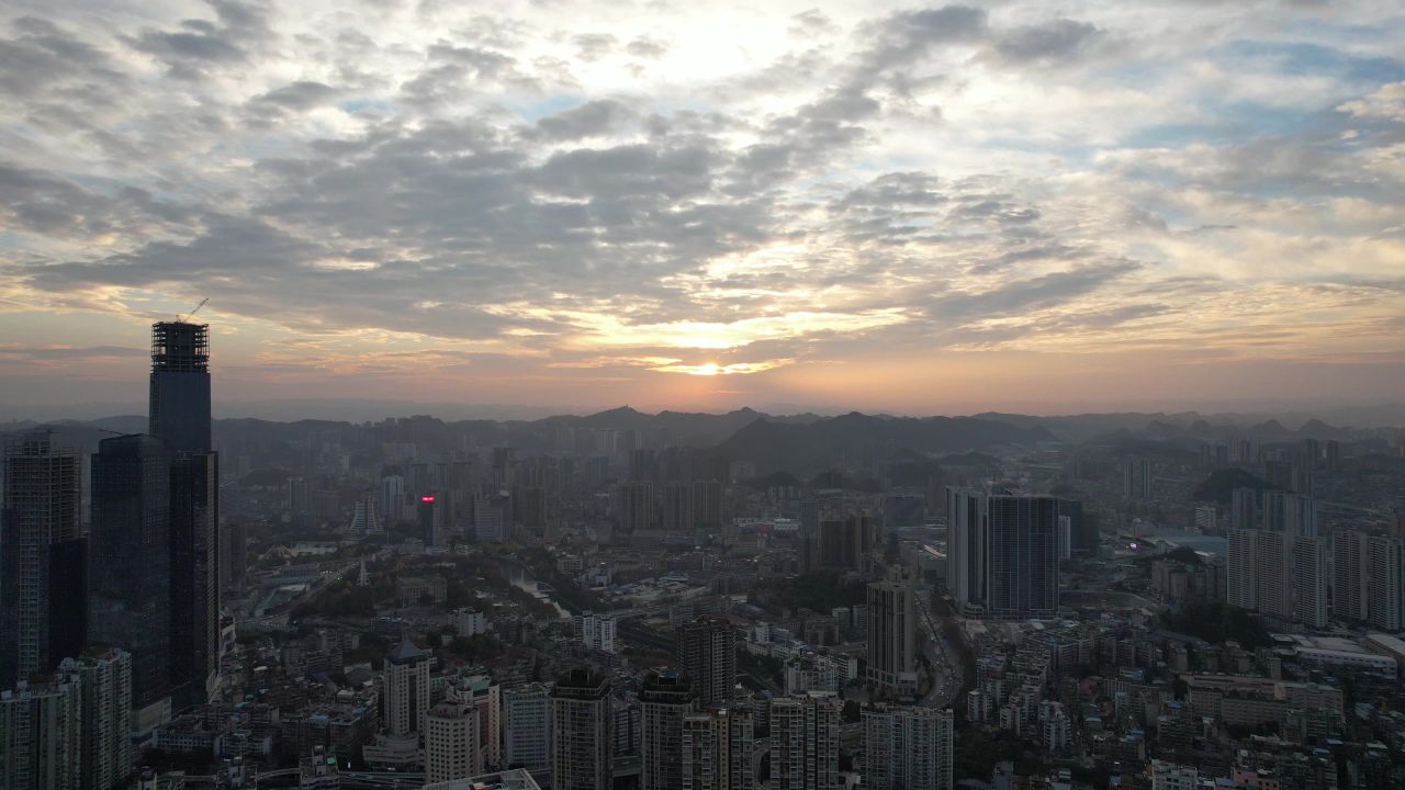 贵州贵阳日出彩霞航拍 