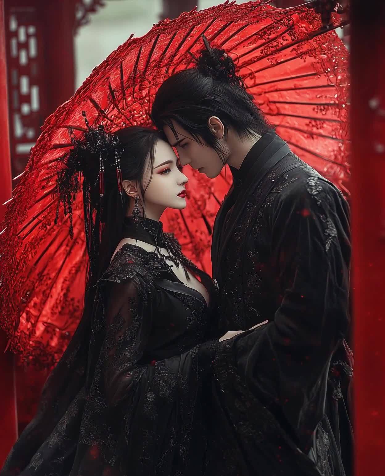 黑色情侣相拥伞下，红伞与红墙映衬唯美浪漫