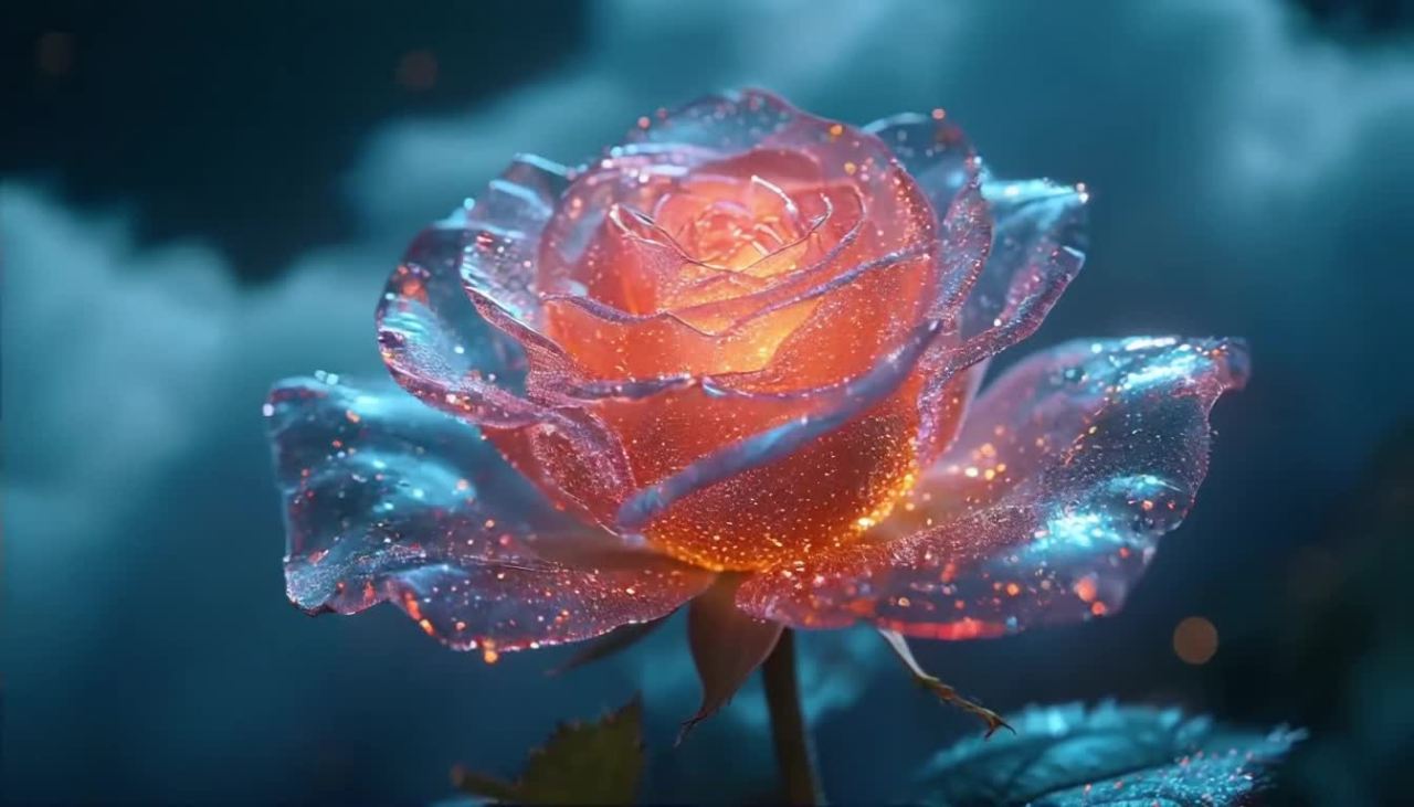 一朵由透明水晶花瓣制成的玫瑰花，花瓣表面光滑，花蕊