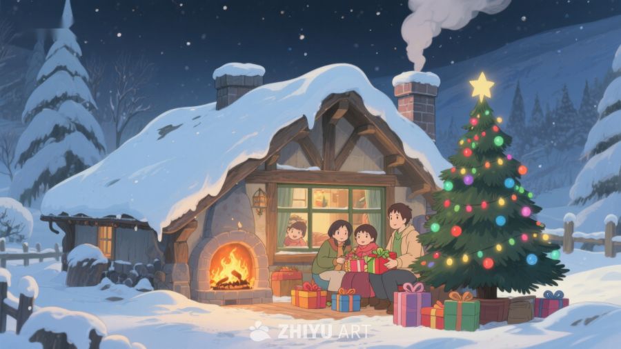 雪夜温馨小屋前的圣诞树 330