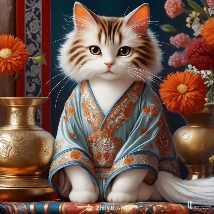一只母猫穿着绣有花朵的蓝色服装坐在图案精美的垫子上