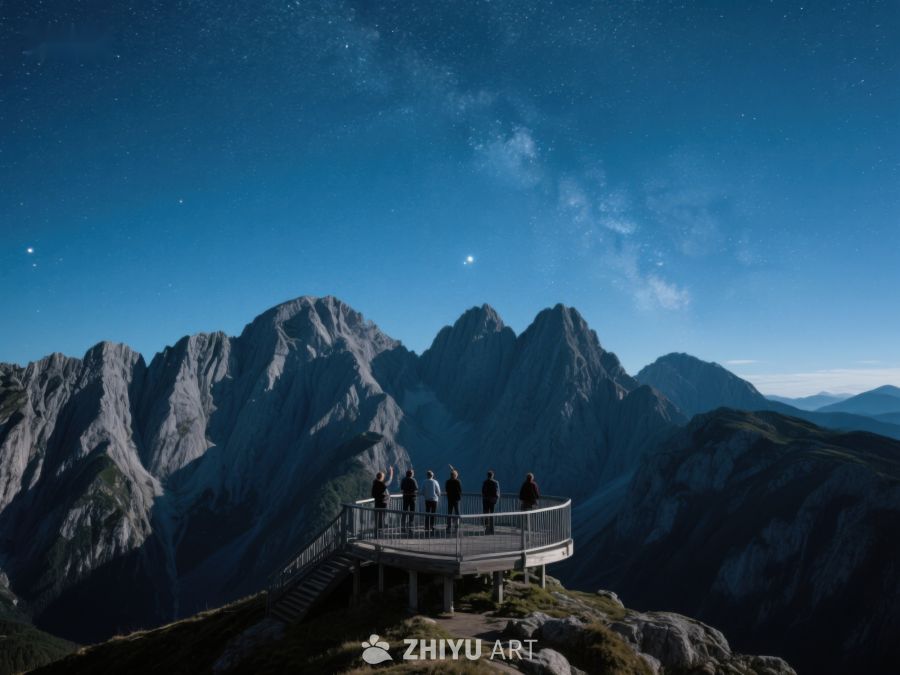 夜空下山巅观景台上的游客 403