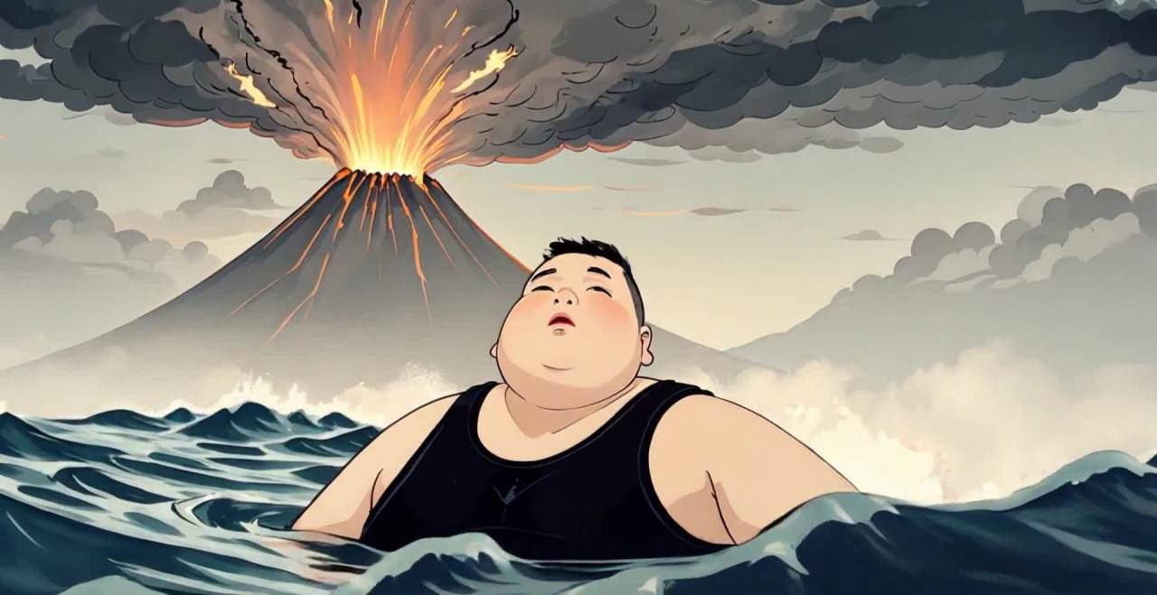 火山爆发海啸中，胖子平静仰望末日