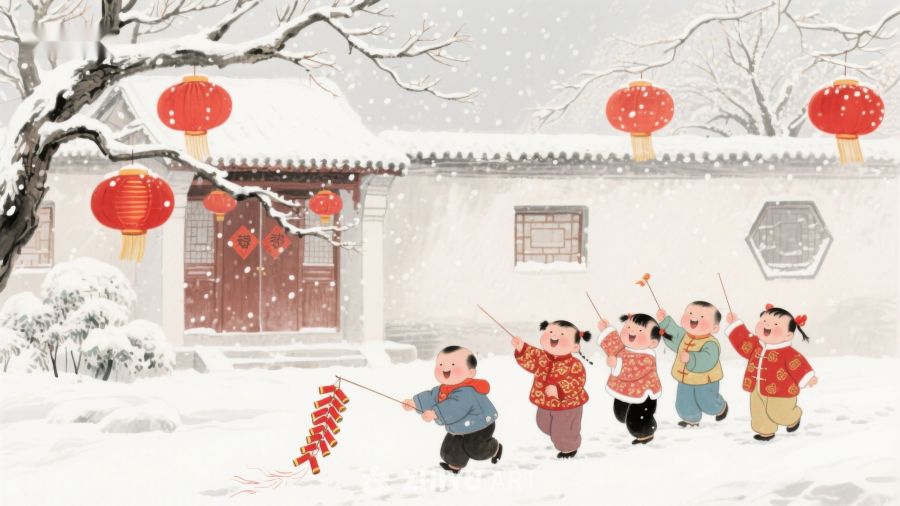 雪中孩童放鞭炮，喜迎新春 1115