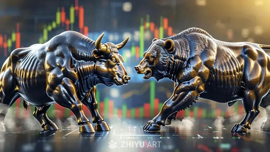 一只公牛和一只熊后腿站立，似乎在搏斗。背景是带有红