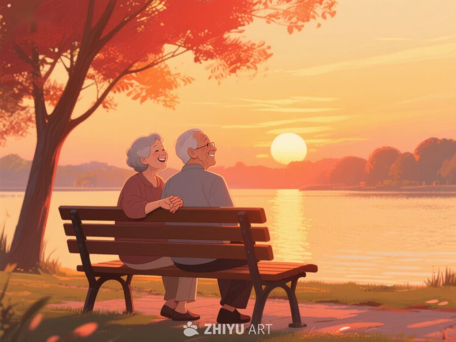 夕阳下，老人湖畔共赏美景 848