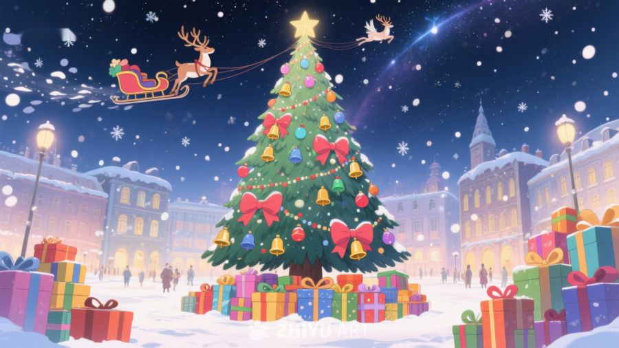 圣诞树下的礼物与夜空中的雪橇 212