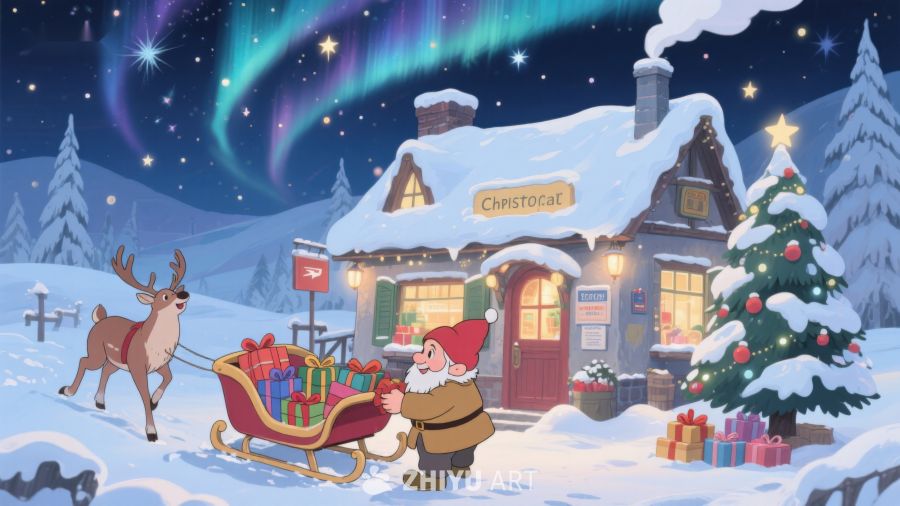 圣诞老人雪橇送礼，温馨小屋夜景 195