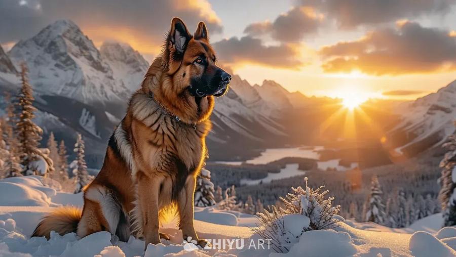 一只大型犬坐在雪地中，背景是山脉和日落。犬只毛发呈